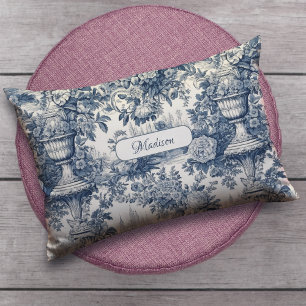 Cojín Lumbar Acento de monograma de toile floral azul vintage
