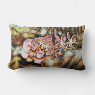 Cojín Lumbar Acuarela de época de flores de orquídeas rojas ros