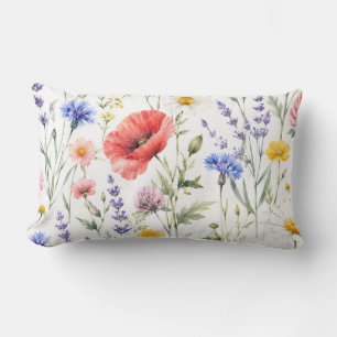 Cojín Lumbar Acuarela de pradera floral de flores silvestres