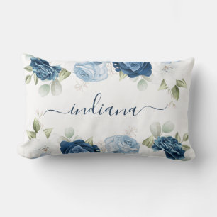 Cojín Lumbar Acuarela Dusty Blue Floral Elegante Monograma