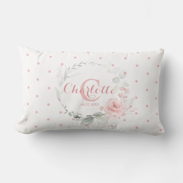 Cojín Lumbar Acuarela rosa Floral Polka Dots Chica Nursery (Anverso)
