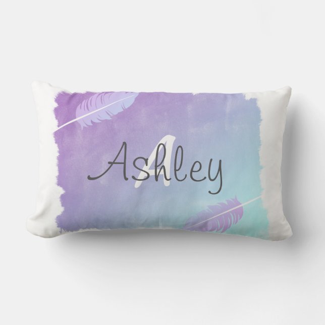 Cojín Lumbar Acuarela y plumas bohemias azules y púrpura (Anverso)