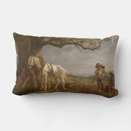 Cojín Lumbar Agricultores descansando en un campo con caballos 