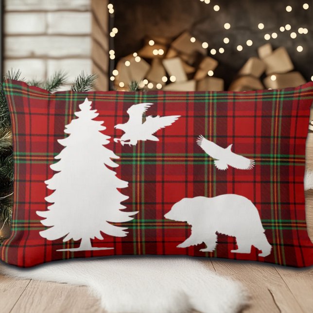 Cojín Lumbar Águila del oso pino sobre el tartán negro rojo (Subido por el creador)