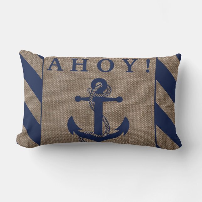 Cojín Lumbar ¡Ahoy! Banda azul y burlap de la Marina de Anchor  (Anverso)