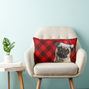 Cojín Lumbar Amante de Perros Navidad Pug Rojo Búfalo Cuadros F
