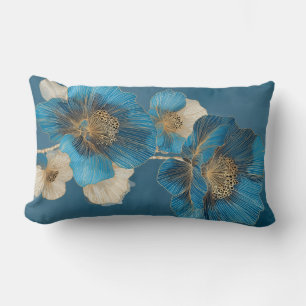Cojín Lumbar Amapola Botánica Arte Floral Línea Azul Oro