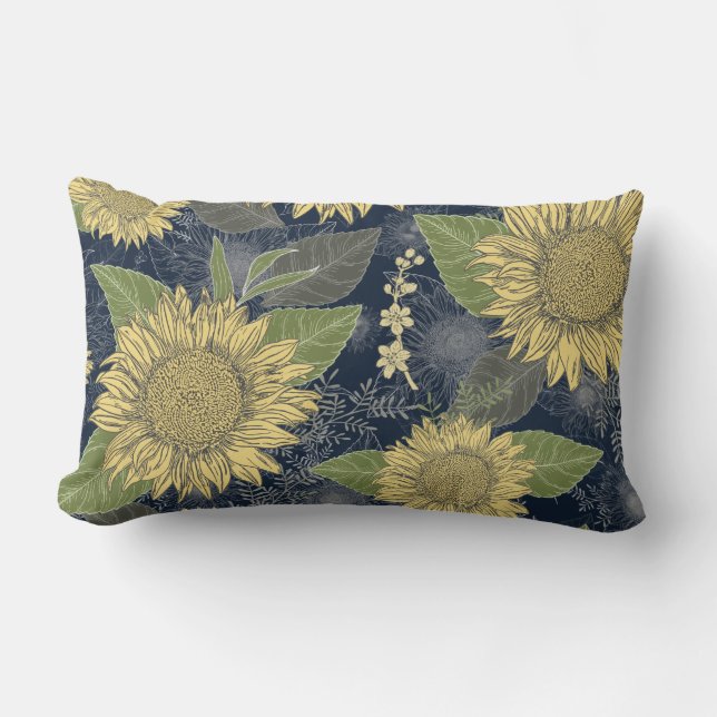 Cojín Lumbar Amarillo de la marina floral de girasol azul almoh (Anverso)