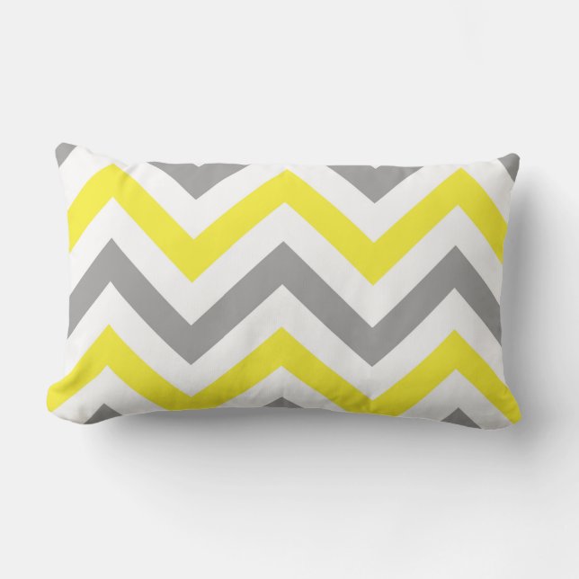Cojín Lumbar Amarillo, Gris Oscuro Blanco Patrón de Chevron Gra (Anverso)