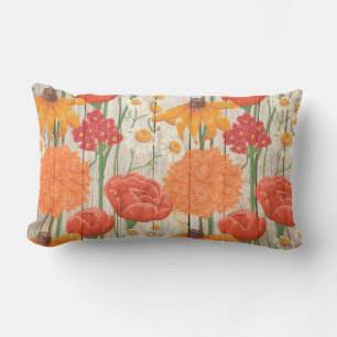 Cojín Lumbar Amarillo Rojo Naranja Floral Blanco sobre Madera R