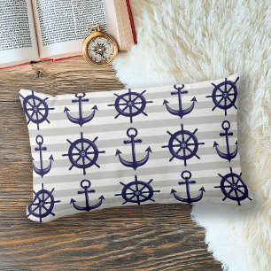 Cojín Lumbar Ancla azul marino rueda de barco franja gris Náuti