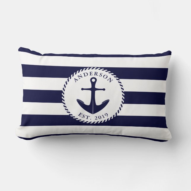 Cojín Lumbar Anclaje de nombre familiar Nautical Naval Azul y B (Anverso)