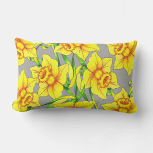 Cojín Lumbar Animados Daffodis de Primavera Dorada y Gris   Mon