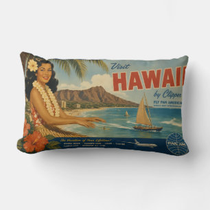 Cojín Lumbar Anuncio de viaje hawaiano de estilo vintage