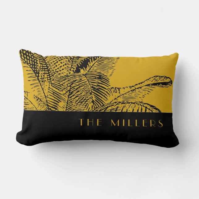 Cojín Lumbar Apellido | Diseño moderno de hojas de palma tropic (Anverso)