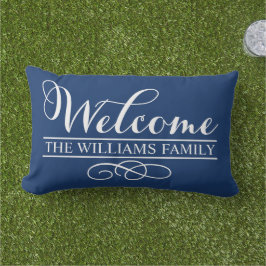 Cojín Lumbar Apellido Personalizado azul de la marina de bienve