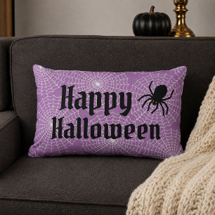 Cojín Lumbar Araña de telaraña morada Feliz Halloween Araña esp