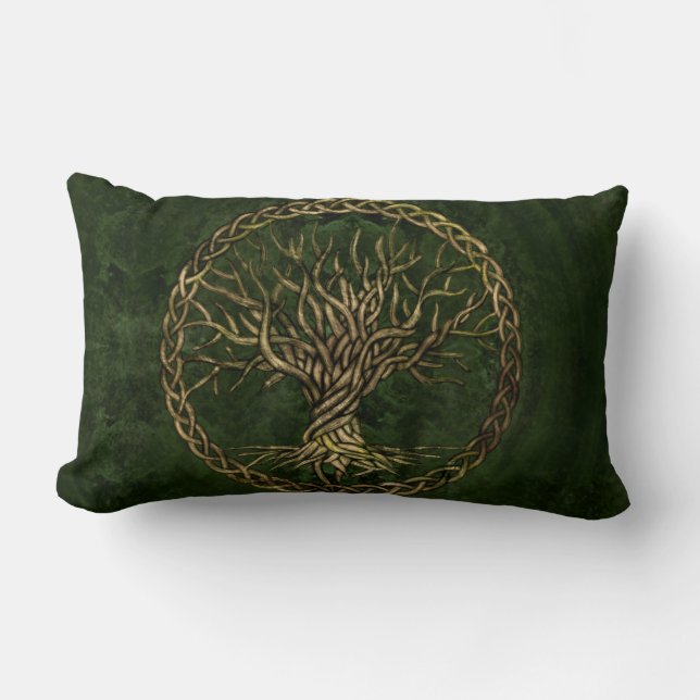Cojín Lumbar Árbol de la vida - Yggdrasil - verde y oro (Anverso)