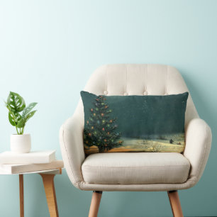 Cojín Lumbar Árbol de Navidad vintage por la noche con luces y 