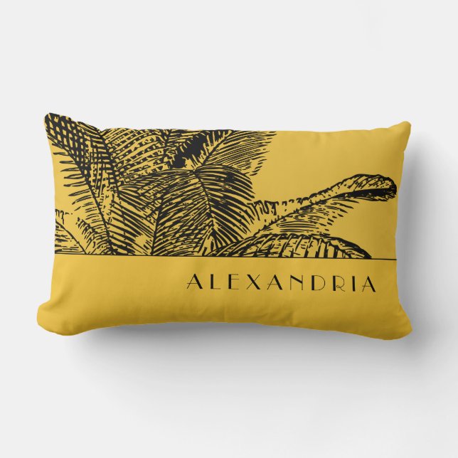 Cojín Lumbar Árbol de palma amarillo y negro mostaza | Nombre p (Anverso)
