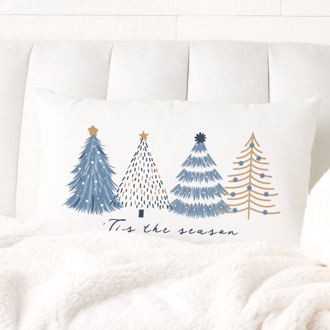 Cojín Lumbar Árboles azules vacaciones de Navidades simples mod (Blue Trees Modern Simple Christmas Holiday Lumbar Pillow)