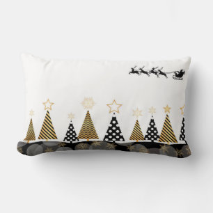 Cojín Lumbar Árboles navideños negros y dorados Santa y Sleigh