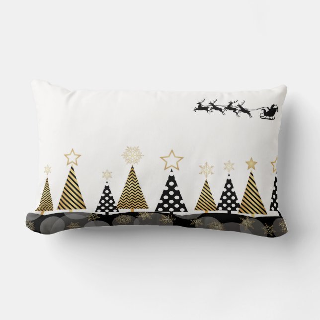 Cojín Lumbar Árboles navideños negros y dorados Santa y Sleigh (Anverso)