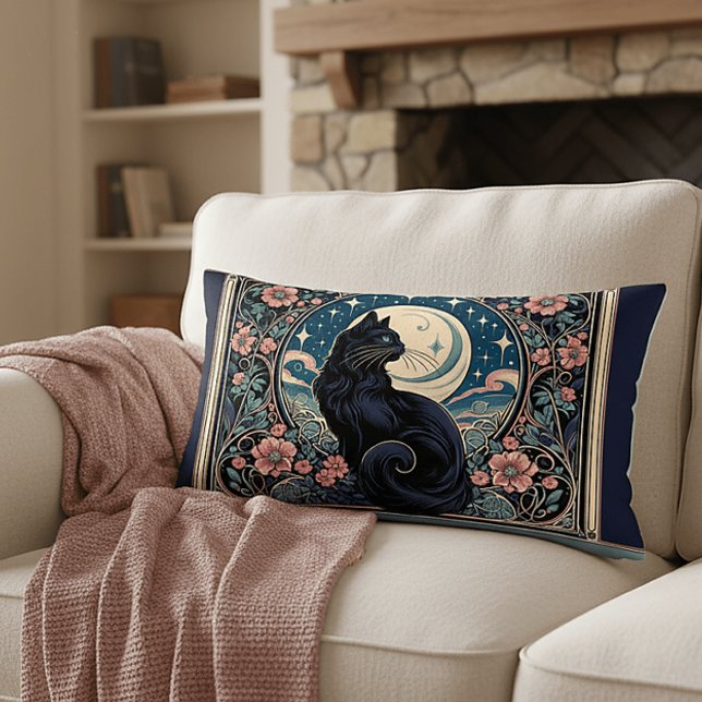 Cojín Lumbar Art Nouveau de Gato Negro místico (Mystical Black Cat Art Nouveau Lumbar Pillow)