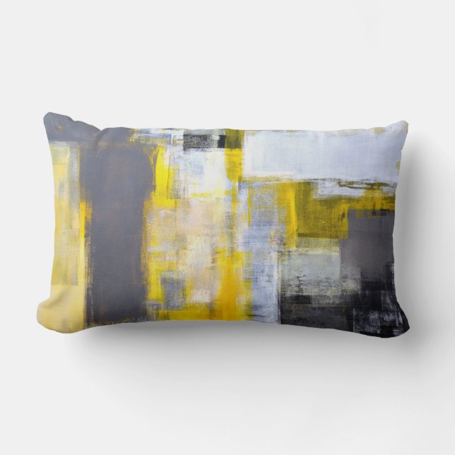 Cojín Lumbar Arte abstracto gris y amarillo "ocupado, ocupado" (Anverso)