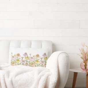 Cojín Lumbar Arte botánico acuarela de equinácea con flores cón