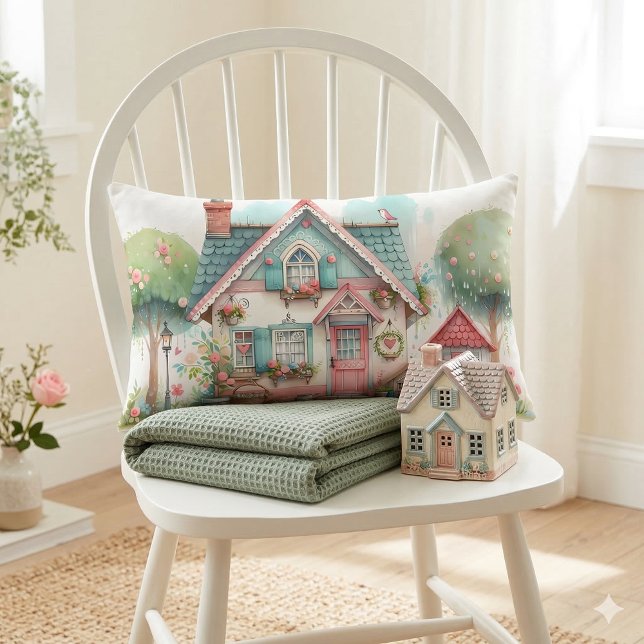 Cojín Lumbar Arte de Cabaña de Cuento de Hadas Pastel Caprichos (Whimsical Pastel Fairy Tale Cottage Art Lumbar Pillow Mockup A)