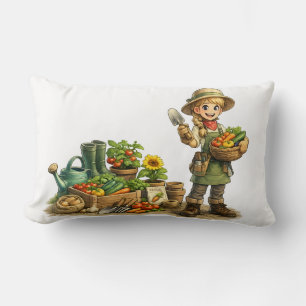 Cojín Lumbar Arte de hermosa jardinera cosechando verduras