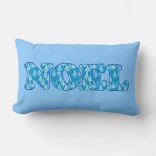 Cojín Lumbar Arte de Word - Noel Patterado con árboles azul cla