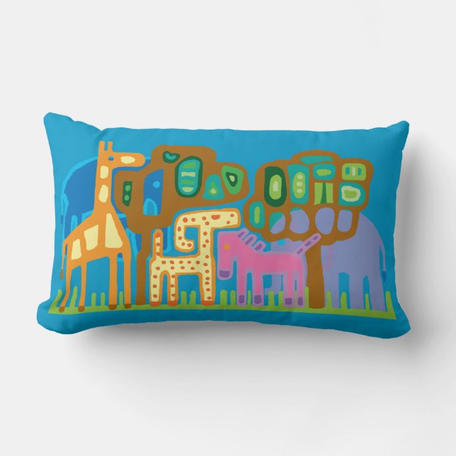 Cojín Lumbar Arte étnico Animales africanos fondo azul (Anverso)