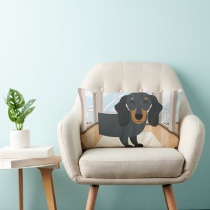 Cojín Lumbar Arte Feliz de Perro Salchicha Negro y Canela