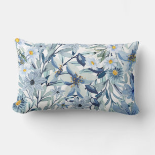 Cojín Lumbar Arte floral acuarela de flores azules