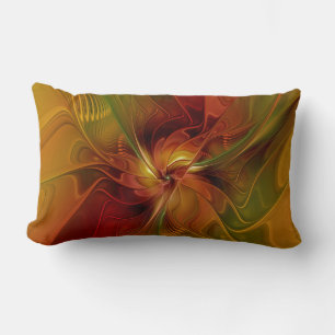 Cojín Lumbar Arte floral fractal abstracto rojo naranja marrón