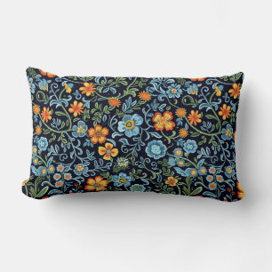 Cojín Lumbar Arte floral intrincado: flores azules y naranjas