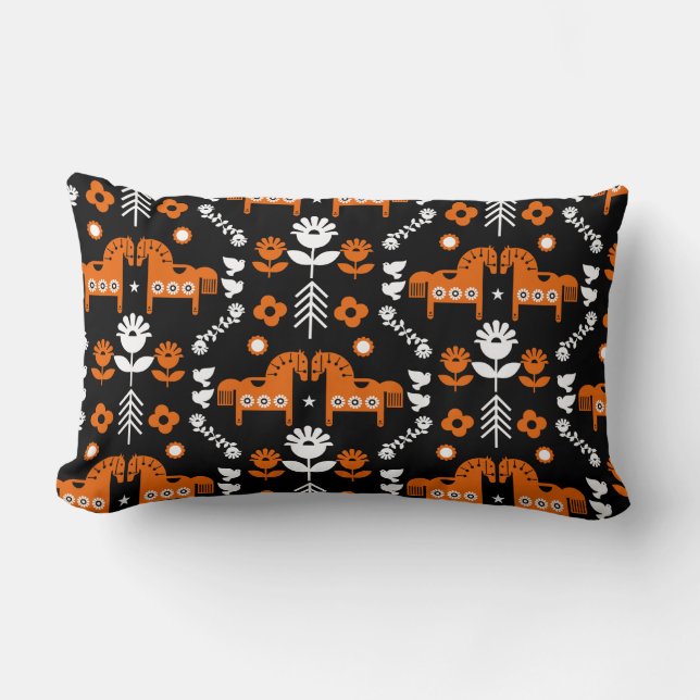 Cojín Lumbar Arte folclórico escandinavo de caballos (Anverso)