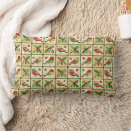 Cojín Lumbar Arte Popular Vintage Navideño Pájaros y Bayas de A