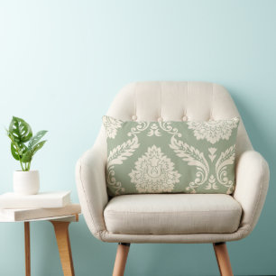 Cojín Lumbar Arte Rococó Damask I Crema sobre Verde