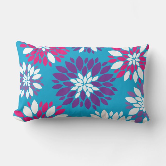 Cojín Lumbar Arte rosado púrpura de la flor blanca en azul (Anverso)