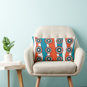 Cojín Lumbar Aspecto retro turquesa y onda circular naranja