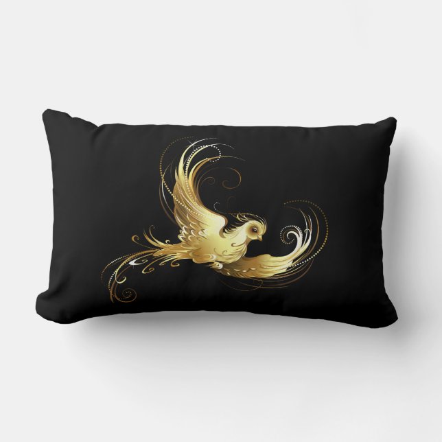 Cojín Lumbar Ave dorada sobre fondo negro (Anverso)