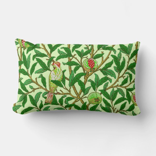 Cojín Lumbar Ave y granada Art Nouveau, verde limón (Anverso)