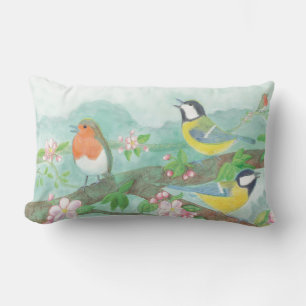 Cojín Lumbar Aves cantando en una rama de árbol floreciente