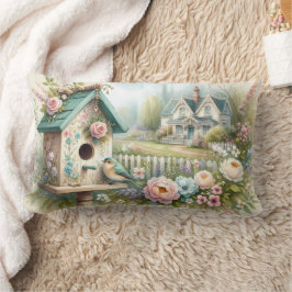 Cojín Lumbar Aves de Cottagecore con jardín floral