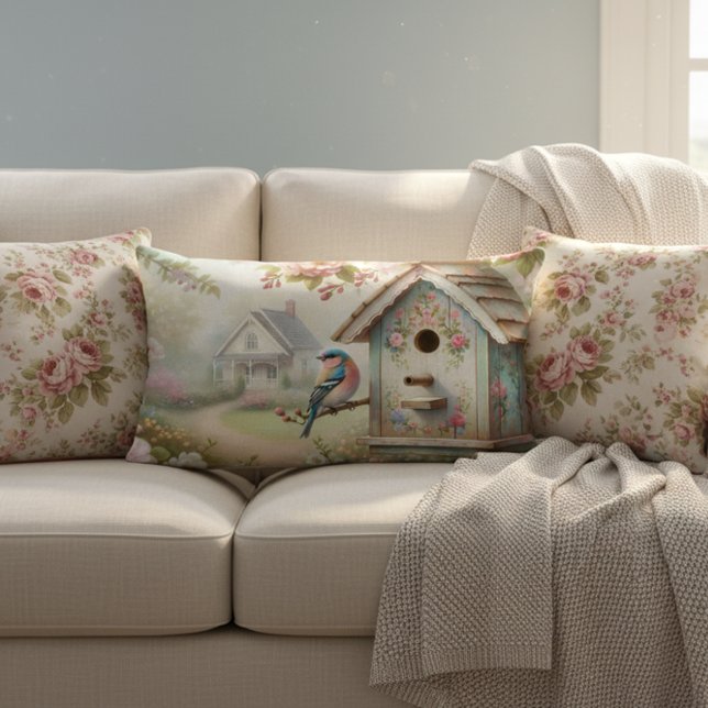 Cojín Lumbar Aves De Primavera Con Flores Pastel Y Ave (Subido por el creador)
