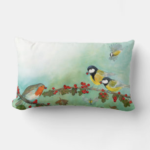Cojín Lumbar Aves grandes, Robin Rojo y Berries Hawthorn