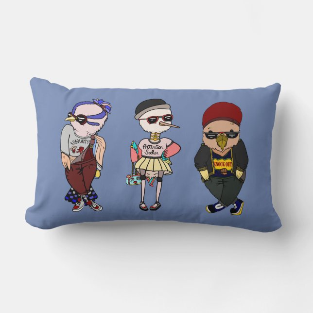 Cojín Lumbar Aves Kawaii de colores alegres con ropa (Anverso)